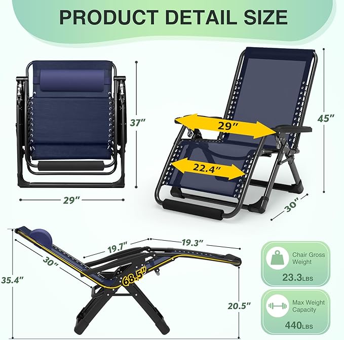 Suteck Oversized Zero Gravity Chair,29In XL Lounge Chair w/Removable Cushion&Headrest, Reclining Camping Chair w/Upgraded Lock and Footrest, Reclining Patio Chairs Recliner for Indoor Outdoor - Image 3