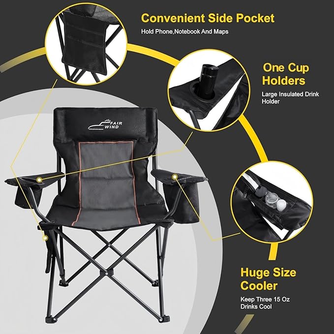 FAIR WIND Oversized Padded Camping Chair with Footrest Stool Set Heavy Duty Support 300 LBS Cooler Bag Chair - Black - Image 6
