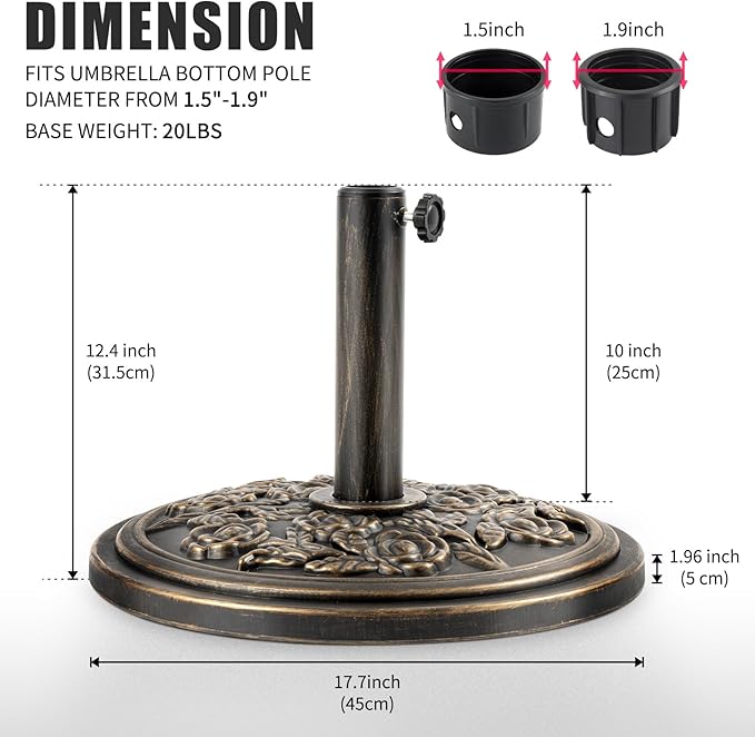 Backyard Expressions 20 lb Patio Umbrella Base Stand, Decorative Rose Medallion Antique Bronze Finish, Fits 1.5–1.9 in Poles w/Adapters, 18 in Round Weighted Outdoor Umbrella Holder for Deck & Table - Image 6