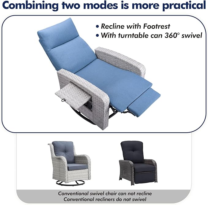 Outdoor Recliner Chair, Wicker Patio Recliners with Adjustable Backrest and Extended Foot Rest, Reclining Patio Chairs with Flip Table & Removable Cushion Cover for Porch - Image 6
