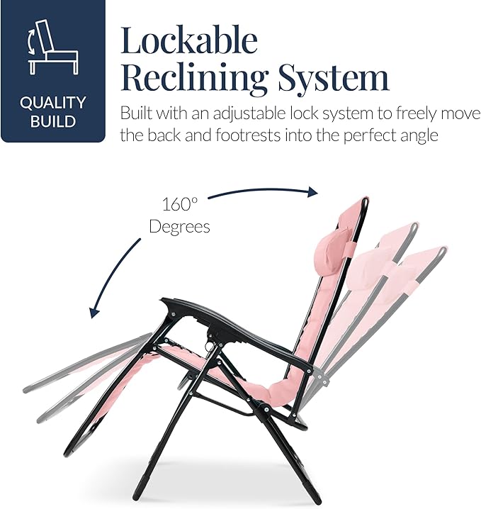 Best Choice Products Oversized Padded Zero Gravity Chair, Folding Outdoor Patio Recliner, XL Anti Gravity Lounger for Backyard w/Headrest, Cup Holder, Side Tray, Polyester Mesh - Bubblegum Pink - Image 7