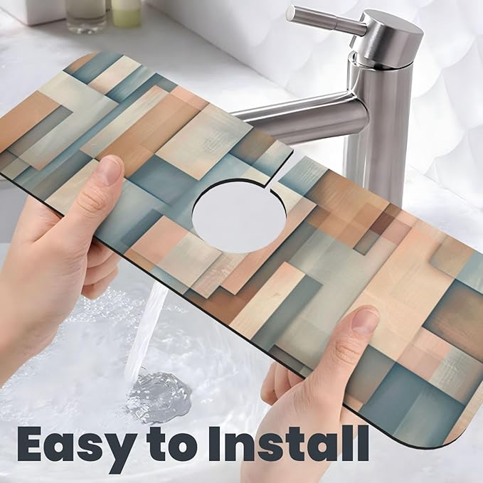 Faucet Draining Mat For Kitchen Sink, Geometric Shapes Brown Beige Diatom Mud - Image 6