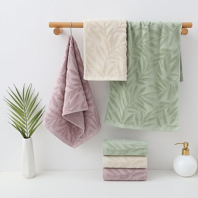 Pidada Hand Towels Set of 2 Leaf Pattern 100% Cotton Absorbent Soft Decorative - Image 2
