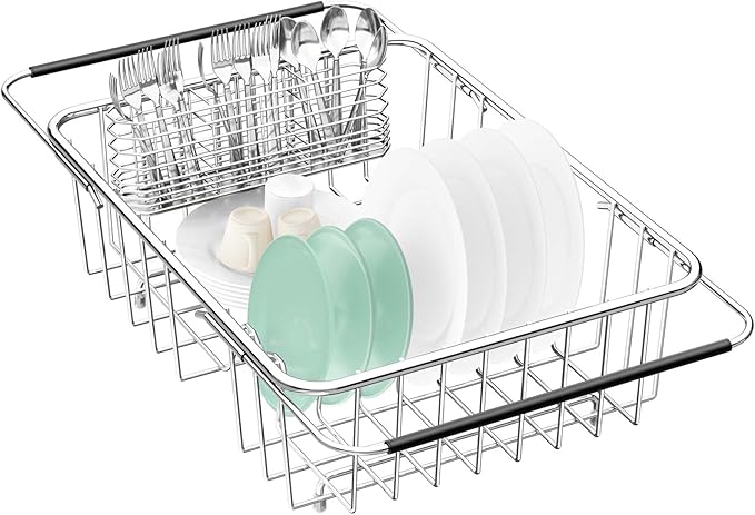 Large Dish Drainer Rack in Sink Adjustable, Expandable 304 Stainless Steel by Fanbsy