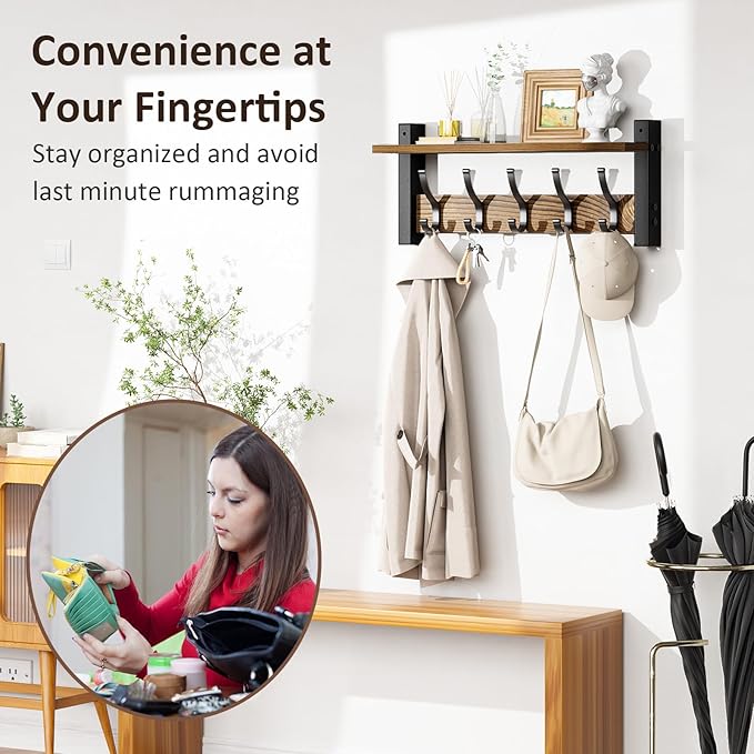 Coat Rack Wall Mount with Shelf, 17.1 Inch Coat Hanger, Entryway Wall Key Holder - Image 2