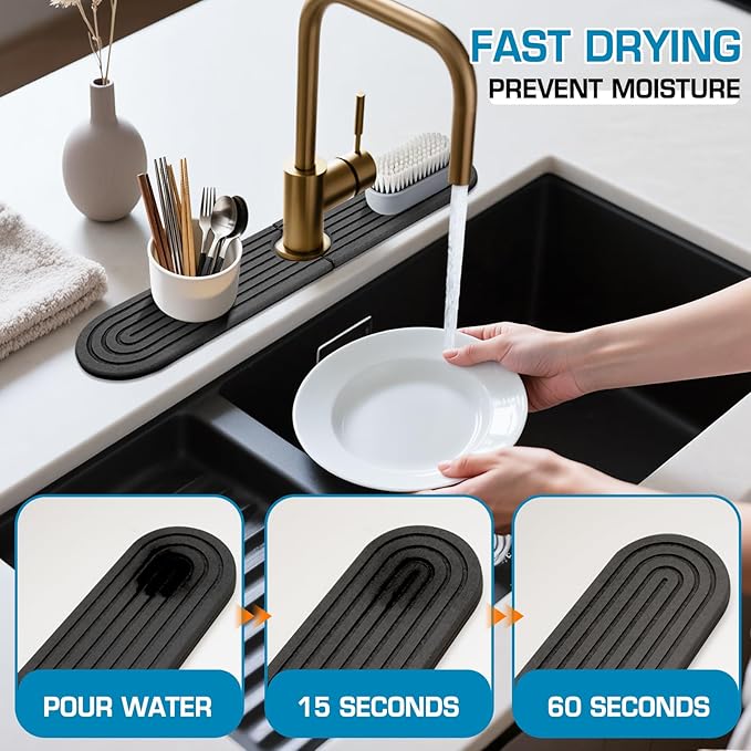 Diatomite Dark Gray-Oval 15.7" Kitchen Faucet Mat Stone Sink Tray – Quick - Image 3