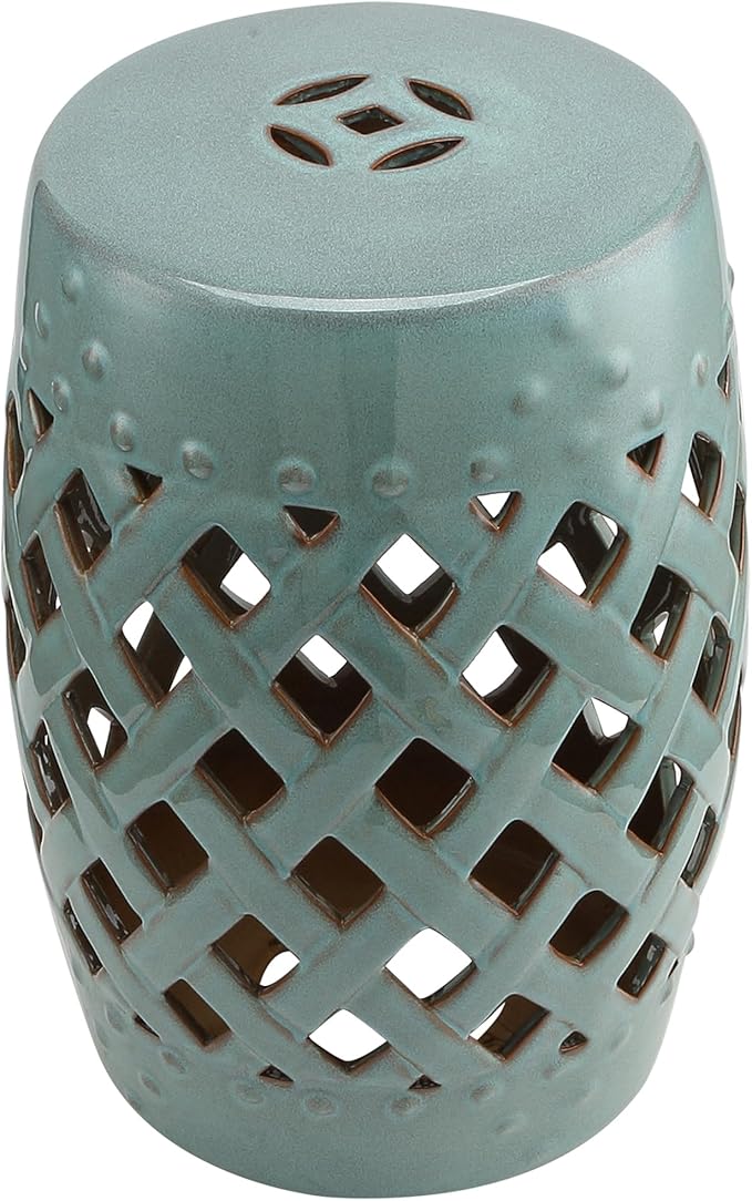 Outsunny 13" x 18" Ceramic Garden Stool with Woven Lattice Design & Glazed Strong Materials Decorative Outdoor Stool, Antique Blue by Outsunny