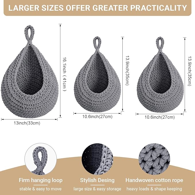 Hanging Fruit Baskets for Kitchen, 3 Pack Boho Cotton Rope Handwoven Vegetable - Image 2