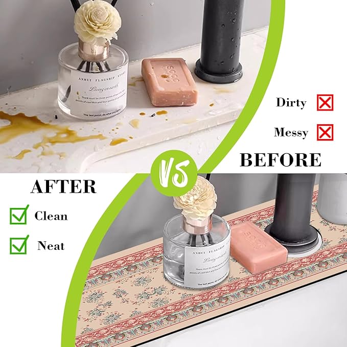 Sink Splash Guard Faucet Mat Retro Boho Flowers Absorbent Fast Drying Mat Sink - Image 6