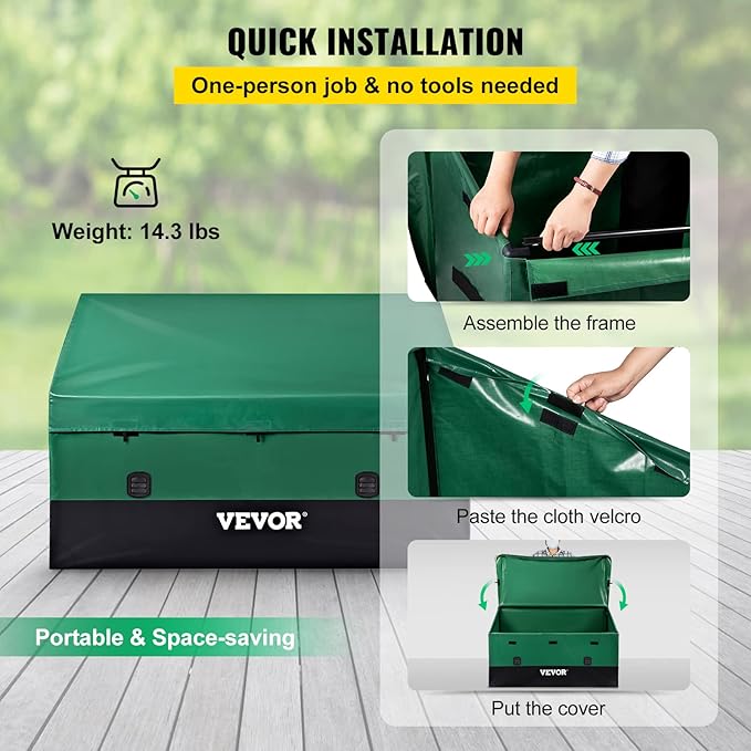 VEVOR Outdoor Storage Box, 150 Gallon Waterproof PE Tarpaulin Deck Box w/Galvanized Frame, All-Weather Protection & Portable, for Camping, Garden, Poolside, and Yard, Black & Green - Image 6