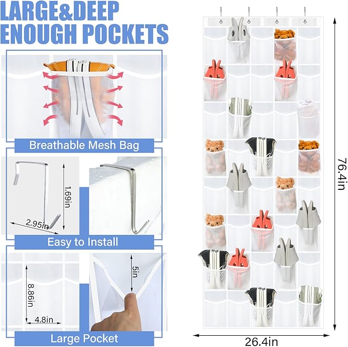 Windyun 40 Over the Door Shoe Organizer Large Breathable Mesh Pocket Clear - Image 3
