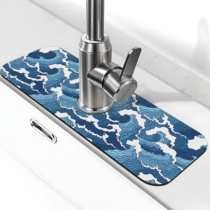 The Great Wave Off Kanagawa Japanese Blue White Kitchen Sink Splash Guard by WILL+BUDXEG