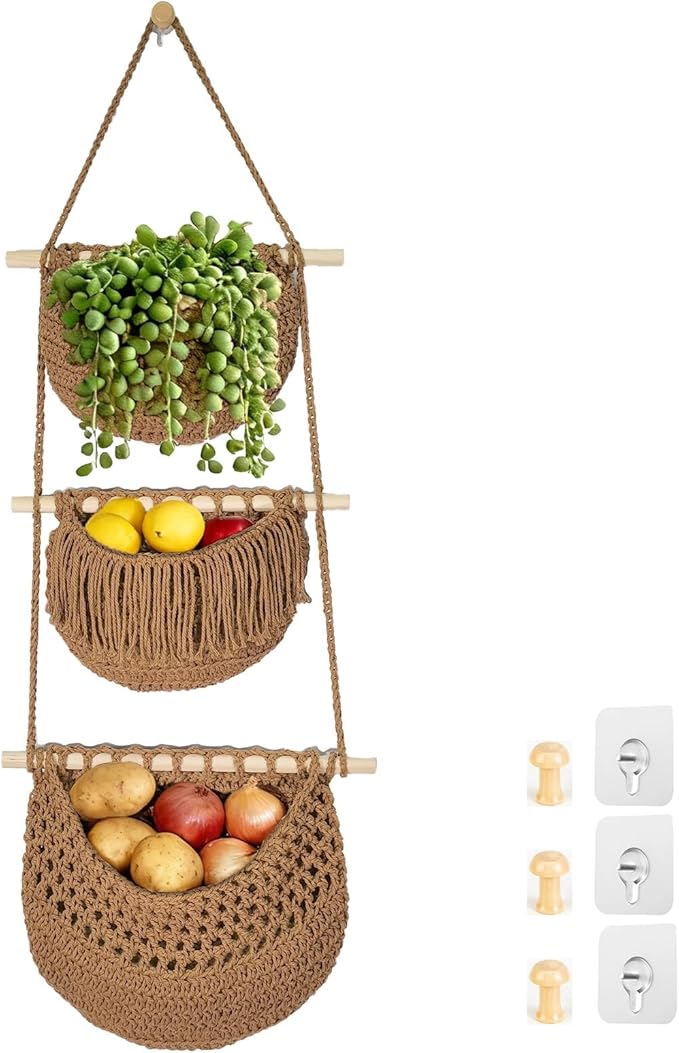 3 Tier Hanging Fruit Baskets for Kitchen, Boho Cotton Rope Handwoven Vegetable by Unknown