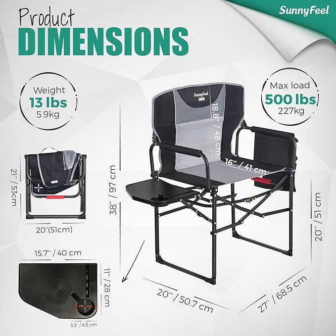 SUNNYFEEL Oversized Camping Directors Chair 500 LBS Heavy Duty, Portable Folding Chair with Side Table, Pocket for Beach, Fishing,Trip,Picnic,Lawn,Concert Outdoor Foldable Camp Chairs - Image 2