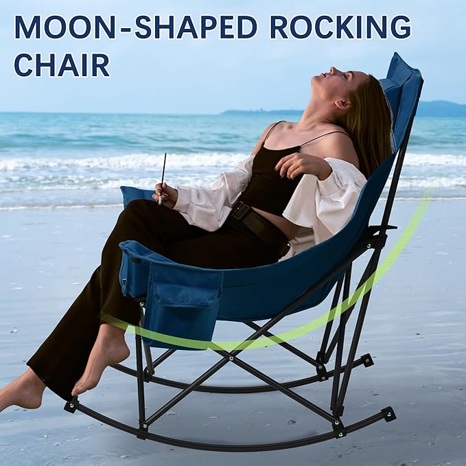 Oversized Rocking Camping Chair with Headrest & Cup Holder - 400lbs Capacity, 600D Oxford Fabric, Easy Fold Portable Outdoor Rocker Chair for Camping, Backyard, Beach, Blue - Image 7
