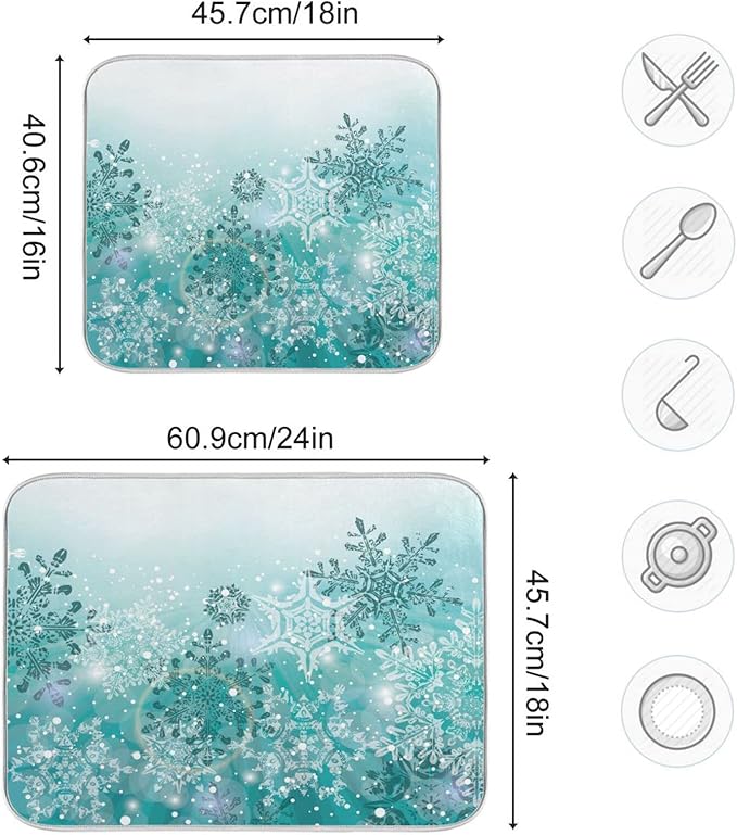 ALAZA Silver Winter Teal Turquoise Snowflakes Christmas Dish Drying Mat - Image 3