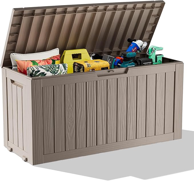 ROJIK Outdoor Storage Housing Deck Box - Waterproof Patio Furniture, Garden Tools, Cushions, Pool Accessories Storage Bench with Lockable Lid and Side Handles (Grey 78 Gal) - Image 3