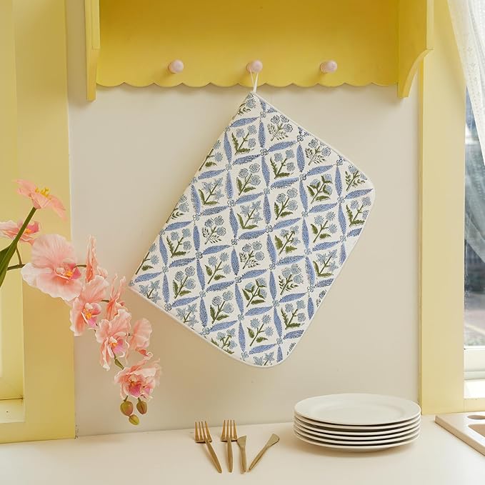 Blue Sage Green Block Print Dish Drying Mats 18x24 Inch Blue Green Vintage - Image 4