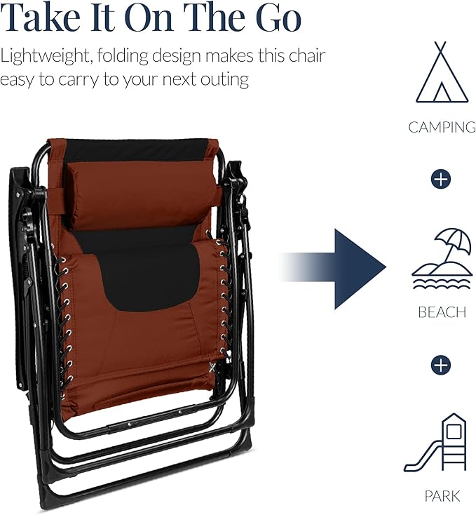Best Choice Products Oversized Padded Zero Gravity Chair, Folding Outdoor Patio Recliner, XL Anti Gravity Lounger for Backyard w/Headrest, Cup Holder, Side Tray, Polyester Mesh - Rust/Black - Image 6