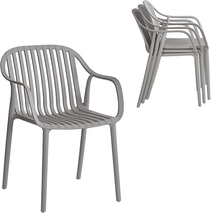 Modern Stackable Outdoor & Indoor Plastic Dining Chairs Set, Outdoor Breathable Armchairs Set, Weather-Resistant, Ideal for Patios, Cafes, and Home Use, No Assembly, Set of 4 (Grey) by XDECO