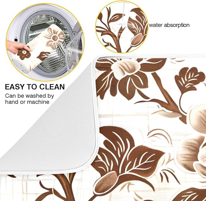 Brown Beige Floral Leaves Dish Drying Mat - Image 2