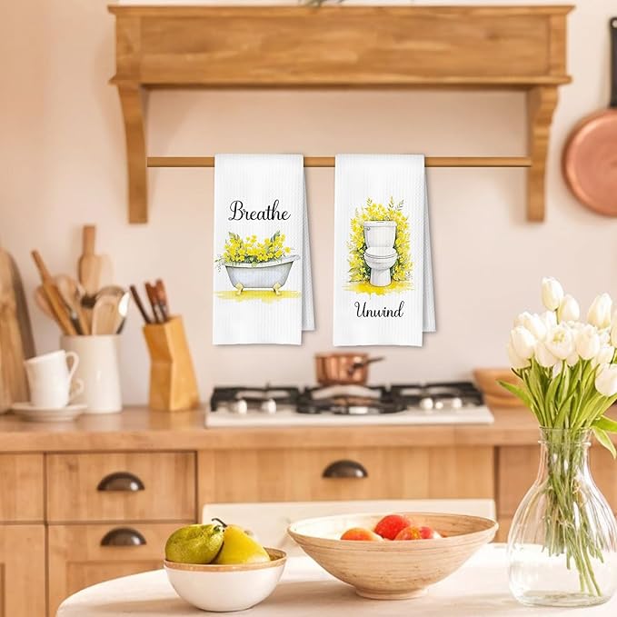 Farmhouse Yellow Botanical Bathroom Hand Towels, Relax Breathe Soak Unwind - Image 2