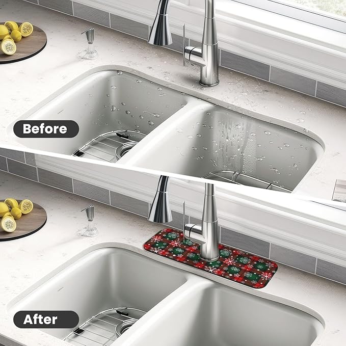 Merry Christmas Snowflakes Red Green Lattice Plaid Kitchen Sink Splash Guard - Image 4