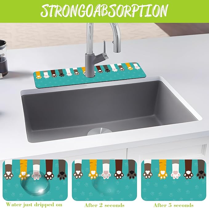 Sink Splash Guard Faucet Mat Cat Paws and Footprints Absorbent Fast Drying Mat - Image 5
