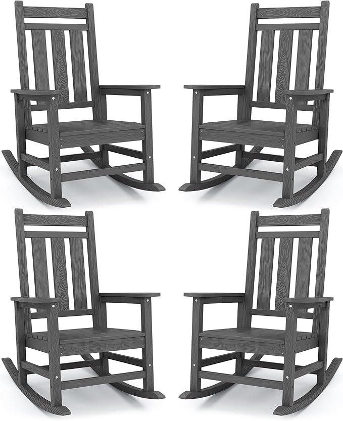 KINGYES Oversized Outdoor Rocking Chair Set of 4, All-Weather Patio Rocking Chairs for Porch, HDPE Outdoor Patio Rockers with High Back & Wide Seat for Garden, Lawn, Gray by KINGYES
