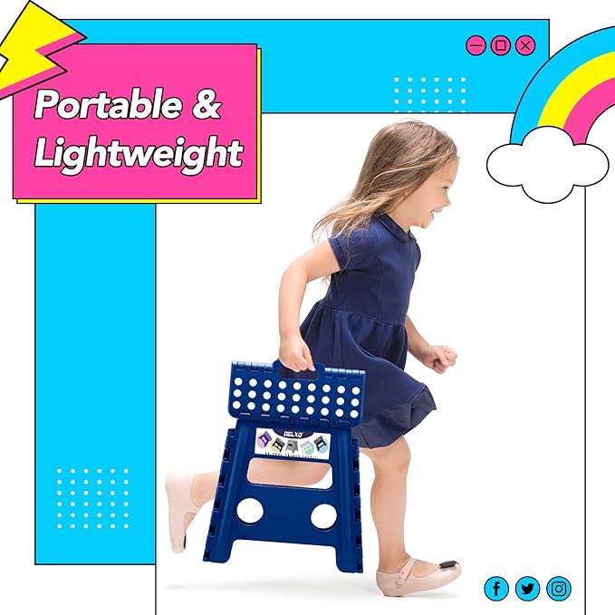 Delxo Folding Step Stool, 13 inch Non-Slip Foldable Stools for Kids & Adults Up to 300 LBS, Step Stool with Handle, Lightweight for Kitchen, Bathroom, Bedroom, Garden, Blue, 1PC - Image 3