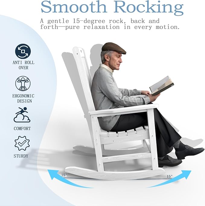 Oversized Rocking Chair Set of 8, Outdoor Rocking Chair for Adults, All Weather Resistant Porch Rocker for Lawn Garden, White - Image 10