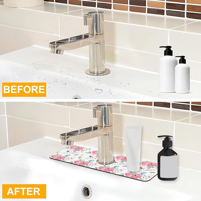 2 Pack Watercolor Floral Sink Faucet Absorbing Mat White Pink Flowers Super - Image 6