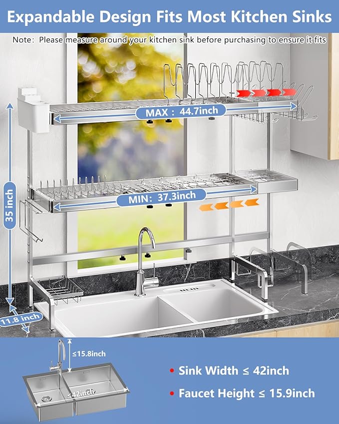 3 Tier Extra Large Over The Sink Dish Drying Rack, Expandable Stainless Steel - Image 2