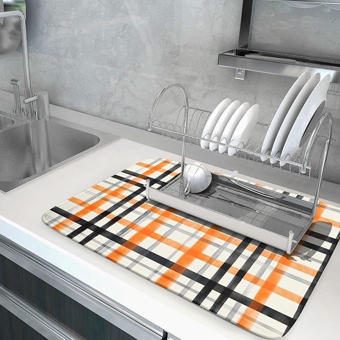 Fall Orange Black Buffalo Plaid Dish Drying Mat 18 x 24 Inch - Image 5