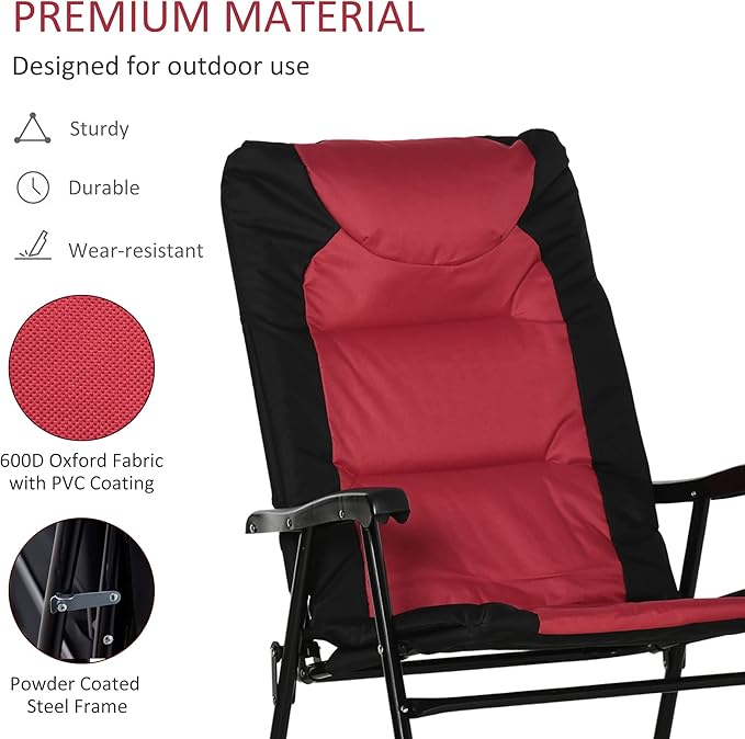 Outsunny Oversized Folding Rocking Camping Chair Set of 2, Padded Outdoor Rockers with High Back and Armrests, Portable Outdoor Patio Chairs with Steel Frame for Garden, Porch, Lawn, Red - Image 6
