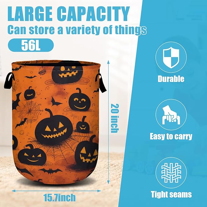 Spooky Pumpkin Laundry Basket, Halloween Laundry Hamper Collapsible Oxford Cloth - Image 2