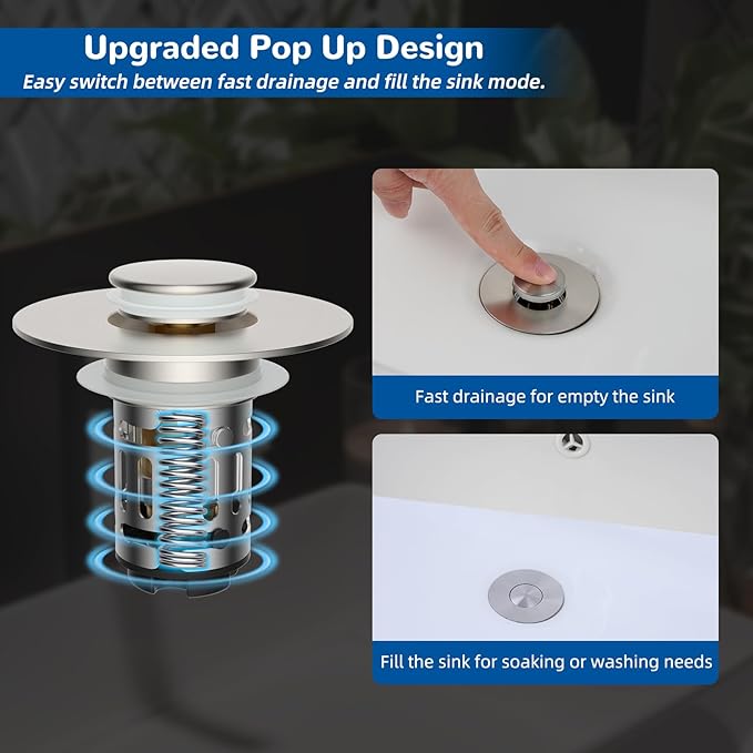 Hibbent Upgraded 3 in 1 Bathroom Sink Drain Strainer, Universal Pop Up Stopper - Image 6