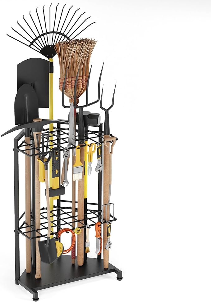 Garden Tool Organizer for Corner - Heavy Duty Metal Rack with 34 Storage Compartments & 14 Hooks for Shovels, Rakes, Long-Handled Tools, Ideal for Garden, Shed, Garage Storage by Sttoraboks
