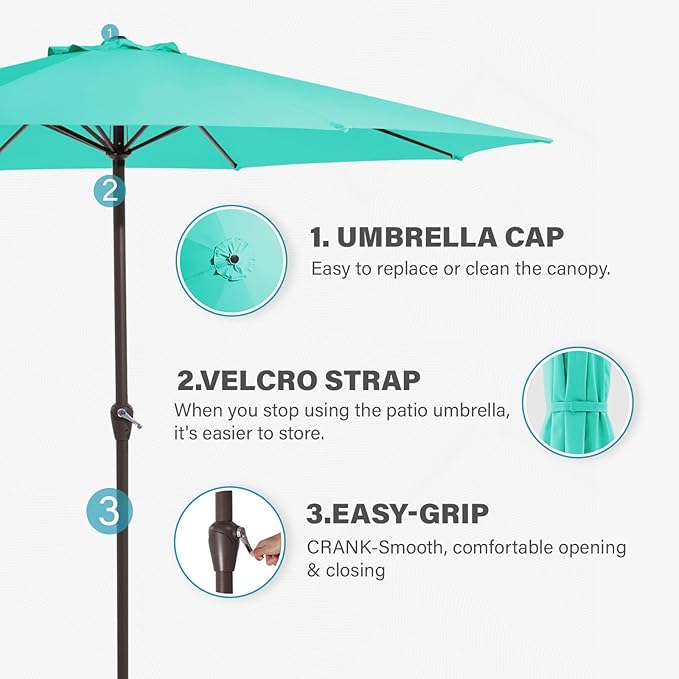 MEWAY 12ft Patio Umbrella Outdoor Table Umbrellas with Crank, Market Umbrella 8 Sturdy Ribs for Deck, Garden, Pool and Backyard, Turquoise - Image 6
