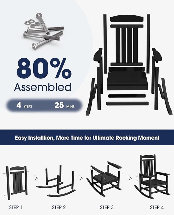 KINGYES HDPE Outdoor Rocking Chair, Widened Seat Patio Rocking Chair, Oversized All Weather Patio Rocker, Black - Image 7