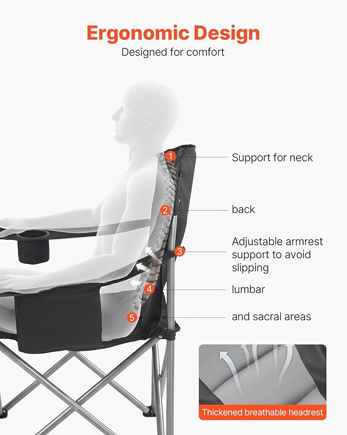 VEVOR Oversized Camping Folding Chair, Portable Heavy Duty Outdoor Quad Lumbar Back Padded with Side Pockets, Cup Holder and Cooler Bag for Beach, Lawn, Picnic, Fishing, Backpacking, 2 Pack - Image 4