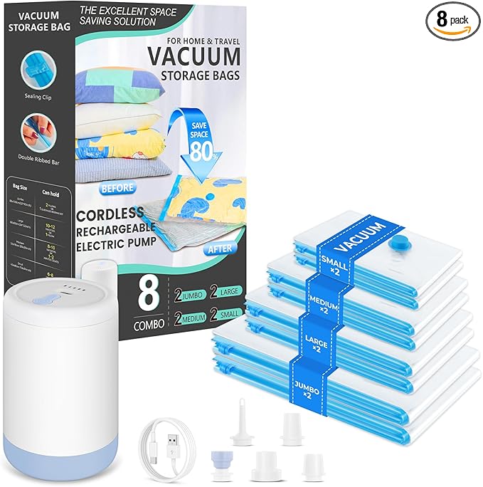 Vacuum Bags for Travel with Portable Electric Pump, 8 Pack Vacuum Seal Bags for by Unknown