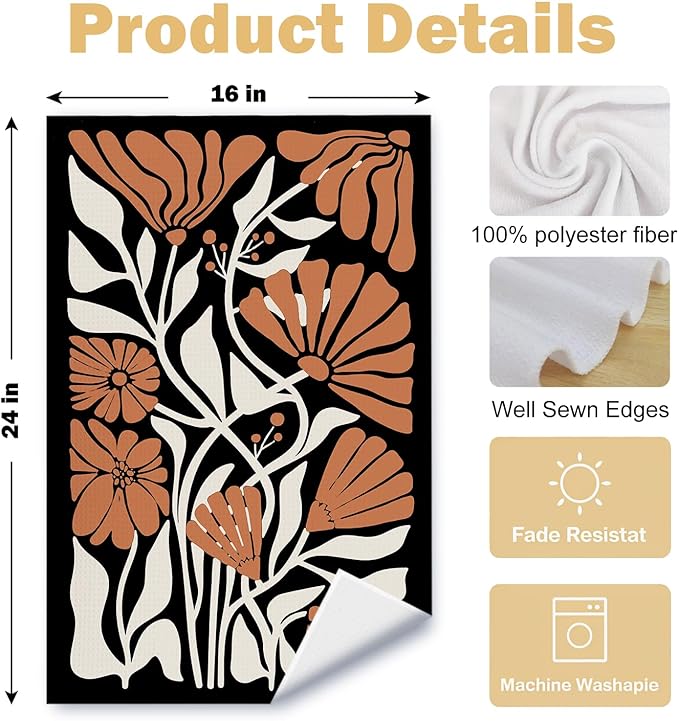 Abstract Boho Black and Beige Brown Floral Kitchen Towels Set of 2, 70s Retro - Image 6