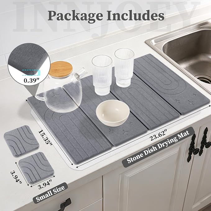 Large Stone Dish Drying Mat for Kitchen Counter, Foldable Diatomaceous Earth - Image 2