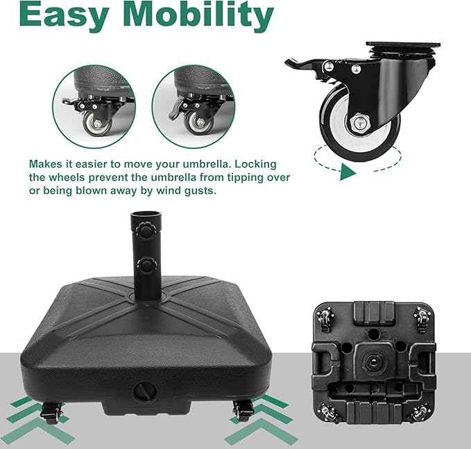 Patio Umbrella Base Heavy Duty with Wheels Square Market Stand for Outdoor 4 Locks 2 Knobs 125lb Capacity, Black - Image 3