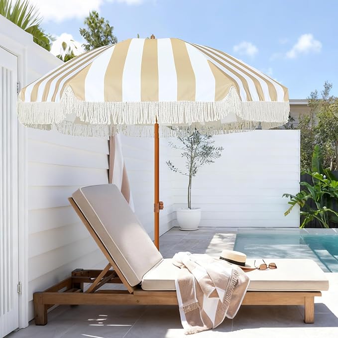 AMMSUN 7ft Patio Umbrella with Fringe Outdoor Tassel Umbrella UPF50+ Premium Steel Pole and Ribs Push Button Tilt, Stripe Beige - Image 3