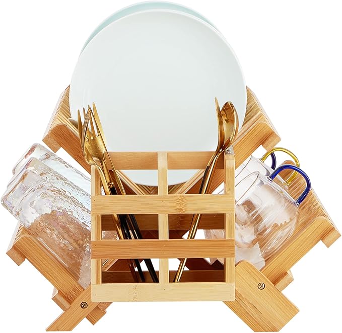 Bamboo Dish Drying Rack, 3-Tier Collapsible Wooden Dish Rack by Worthyeah