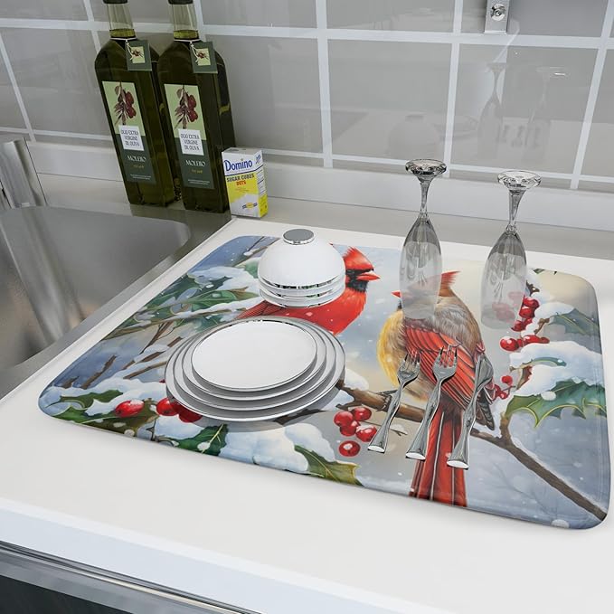 Winter Cardinal Birds Dish Drying Mat, Holly Berry Branches Dish Drying Mat - Image 6