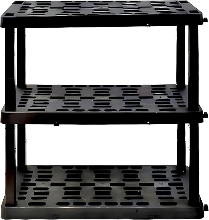 Oskar Heavy Duty Plastic Storage Shelves- for Garage, Kitchen, Bathroom Basement Kids Room, Stackable 3-Tier Black Organizer Rack for Books Shoes, Toys, Pantry, Cleaning and Closet Organization by Koolatron