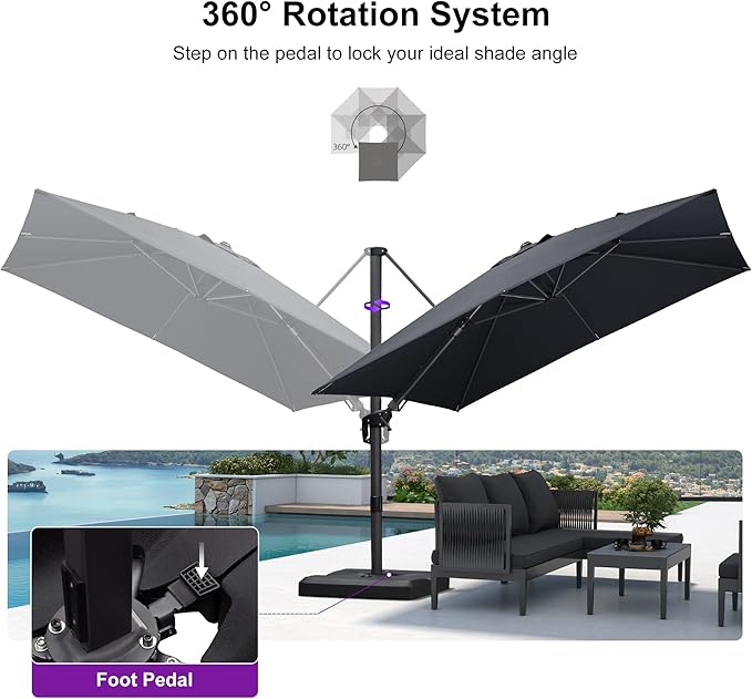 PURPLE LEAF 9.8' X 9.8' Tilting Patio Umbrella with Base Outdoor Cantilever Swivel Square Umbrella with Tilt Aluminum Offset Umbrella with 360-degree Rotation for Garden Deck Pool Patio Grey - Image 7